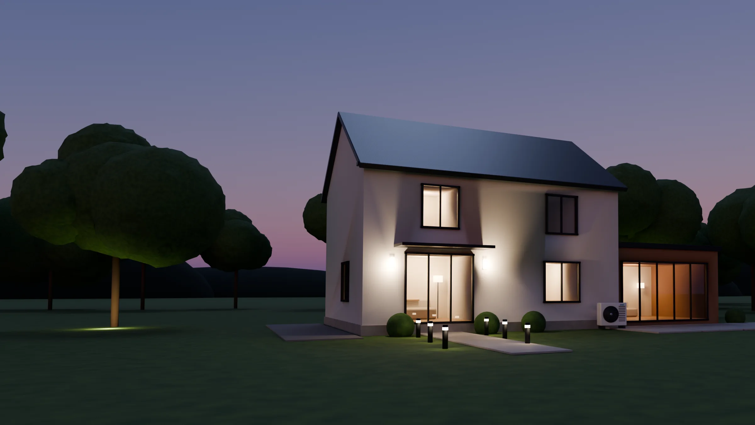 Maison individuelle contemporaine équipée d'une pompe à chaleur air/eau, à la tombée de la nuit